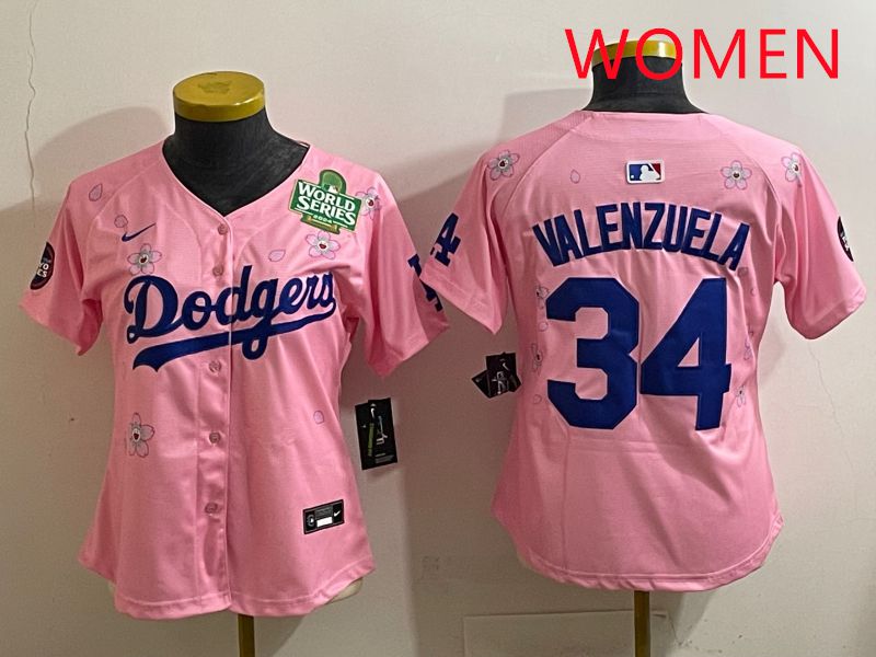 Women Los Angeles Dodgers #34 Valenzuela Pink Sakura Edition 2025 Nike MLB Jersey style 38->women mlb jersey->Women Jersey